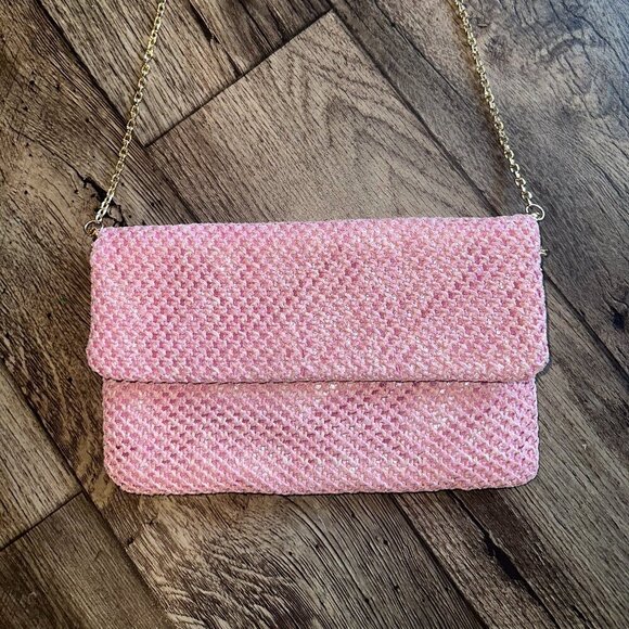 Bamboo Woven Pink Rectangle Fold Over Crossbody Bag - Picture 3 of 13